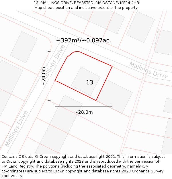 13, MALLINGS DRIVE, BEARSTED, MAIDSTONE, ME14 4HB: Plot and title map