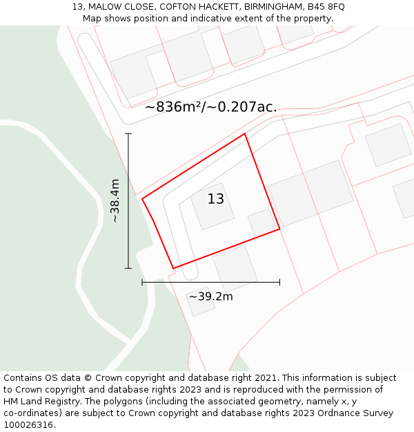 13, MALOW CLOSE, COFTON HACKETT, BIRMINGHAM, B45 8FQ: Plot and title map