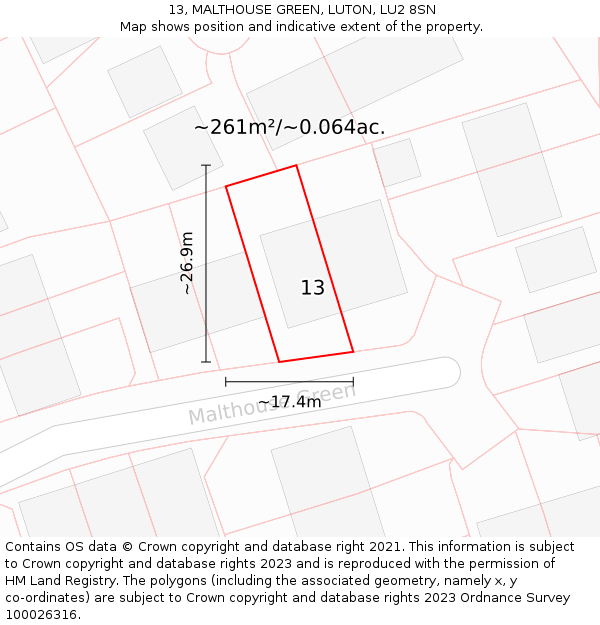 13, MALTHOUSE GREEN, LUTON, LU2 8SN: Plot and title map