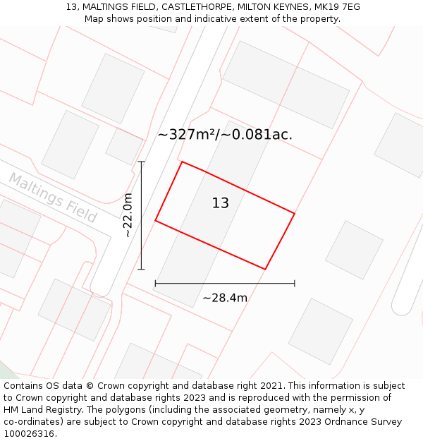 13, MALTINGS FIELD, CASTLETHORPE, MILTON KEYNES, MK19 7EG: Plot and title map