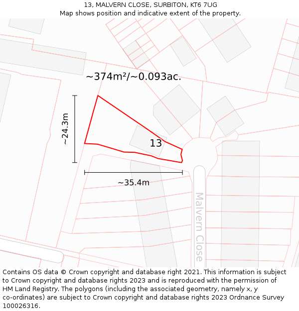 13, MALVERN CLOSE, SURBITON, KT6 7UG: Plot and title map