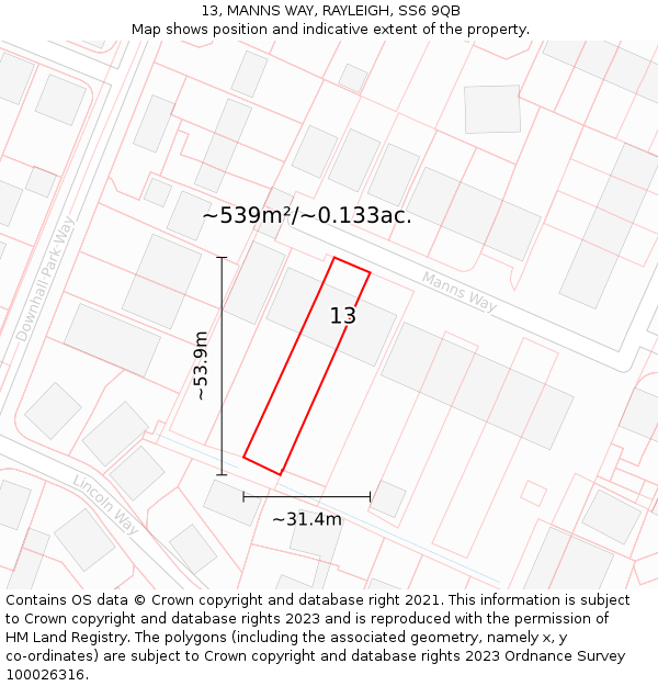 13, MANNS WAY, RAYLEIGH, SS6 9QB: Plot and title map