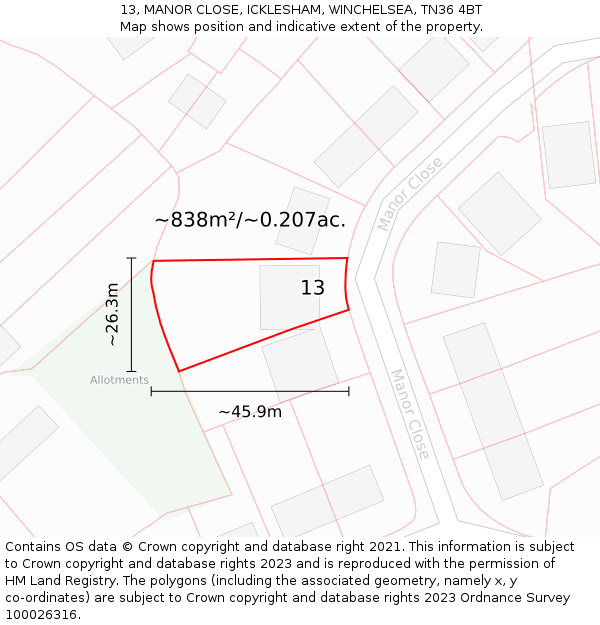 13, MANOR CLOSE, ICKLESHAM, WINCHELSEA, TN36 4BT: Plot and title map