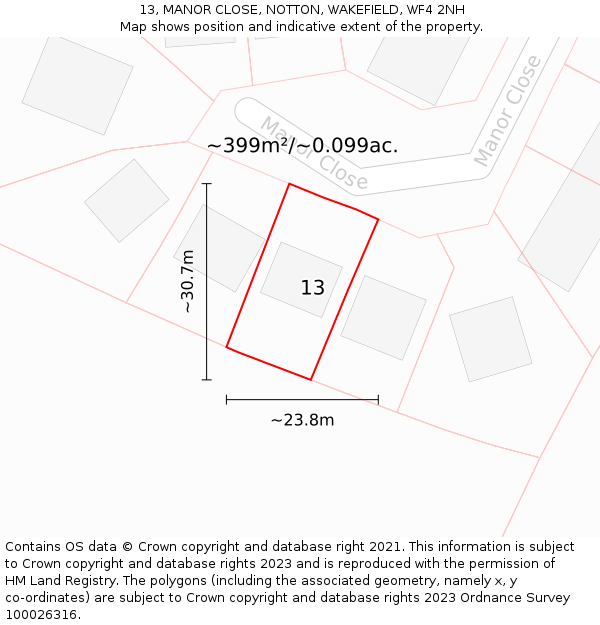 13, MANOR CLOSE, NOTTON, WAKEFIELD, WF4 2NH: Plot and title map