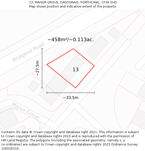 13, MANOR GROVE, DANYGRAIG, PORTHCAWL, CF36 5HD: Plot and title map