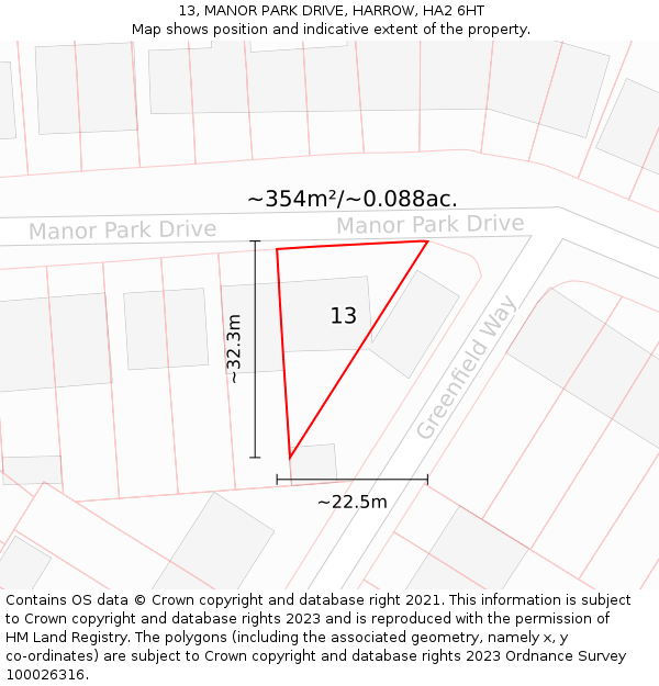 13, MANOR PARK DRIVE, HARROW, HA2 6HT: Plot and title map