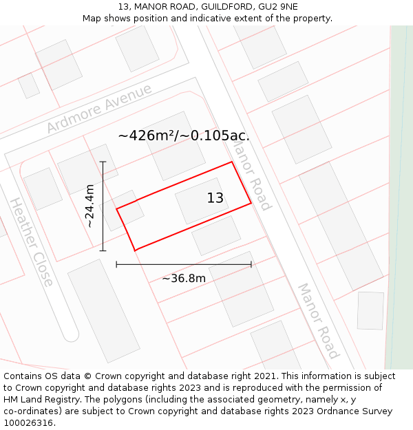 13, MANOR ROAD, GUILDFORD, GU2 9NE: Plot and title map