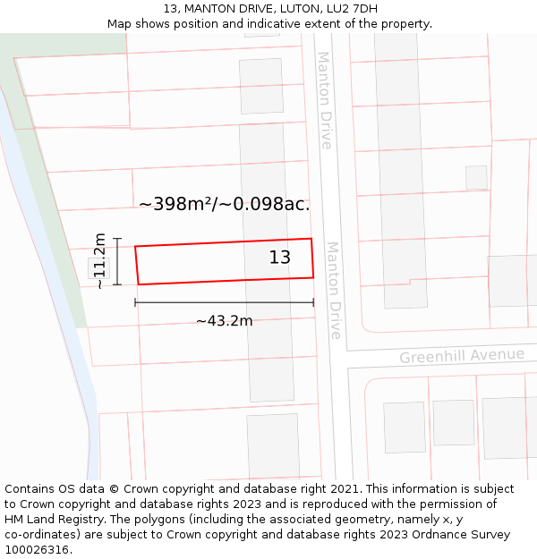 13, MANTON DRIVE, LUTON, LU2 7DH: Plot and title map