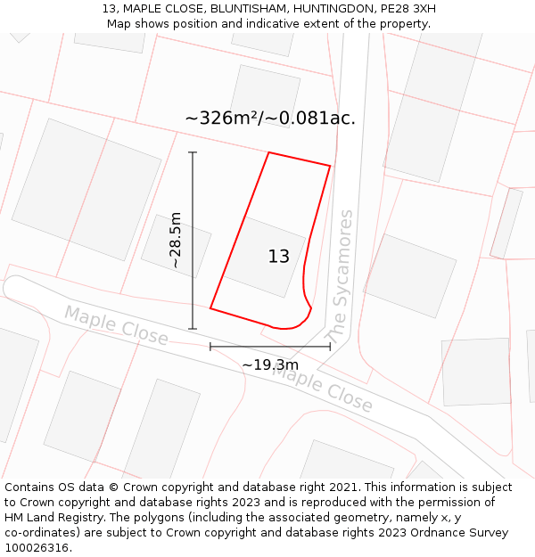 13, MAPLE CLOSE, BLUNTISHAM, HUNTINGDON, PE28 3XH: Plot and title map