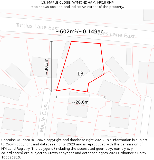 13, MAPLE CLOSE, WYMONDHAM, NR18 0HP: Plot and title map