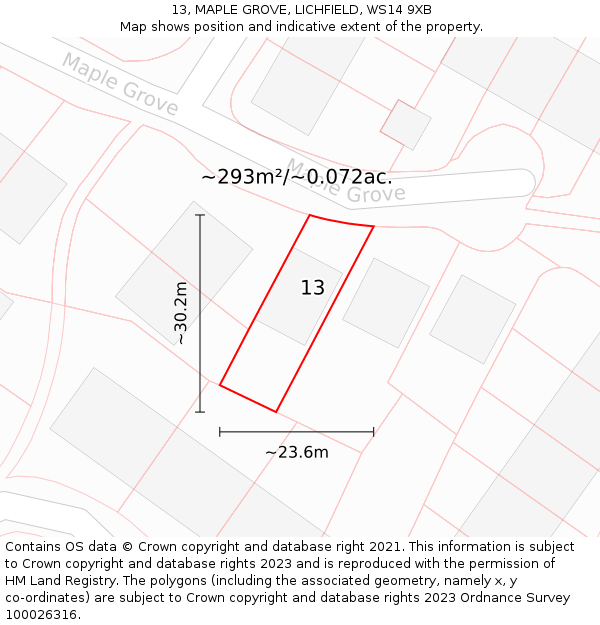 13, MAPLE GROVE, LICHFIELD, WS14 9XB: Plot and title map