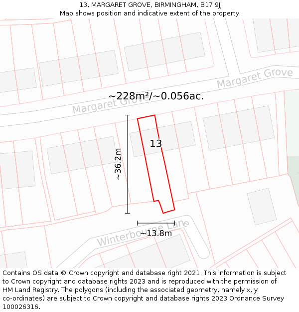 13, MARGARET GROVE, BIRMINGHAM, B17 9JJ: Plot and title map