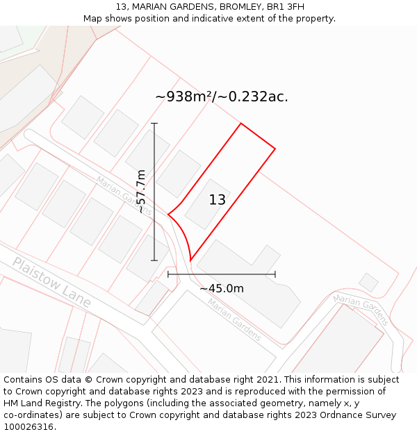 13, MARIAN GARDENS, BROMLEY, BR1 3FH: Plot and title map
