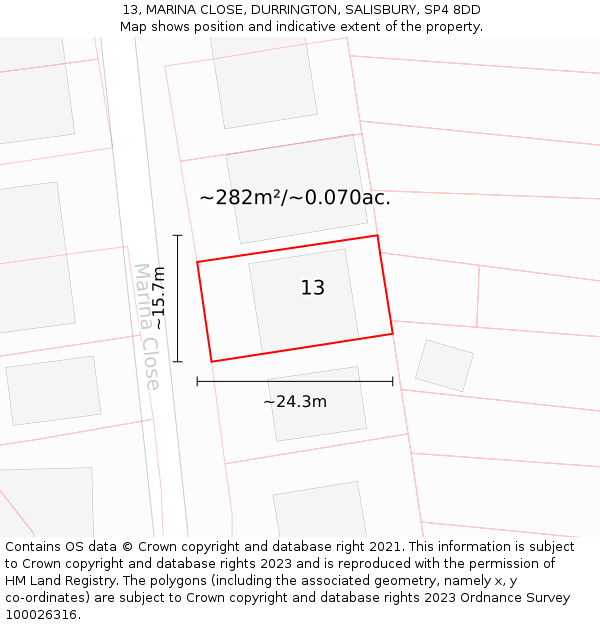 13, MARINA CLOSE, DURRINGTON, SALISBURY, SP4 8DD: Plot and title map