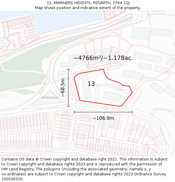 13, MARINERS HEIGHTS, PENARTH, CF64 1QJ: Plot and title map