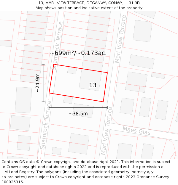13, MARL VIEW TERRACE, DEGANWY, CONWY, LL31 9BJ: Plot and title map