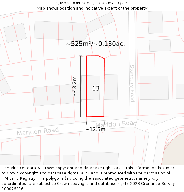 13, MARLDON ROAD, TORQUAY, TQ2 7EE: Plot and title map