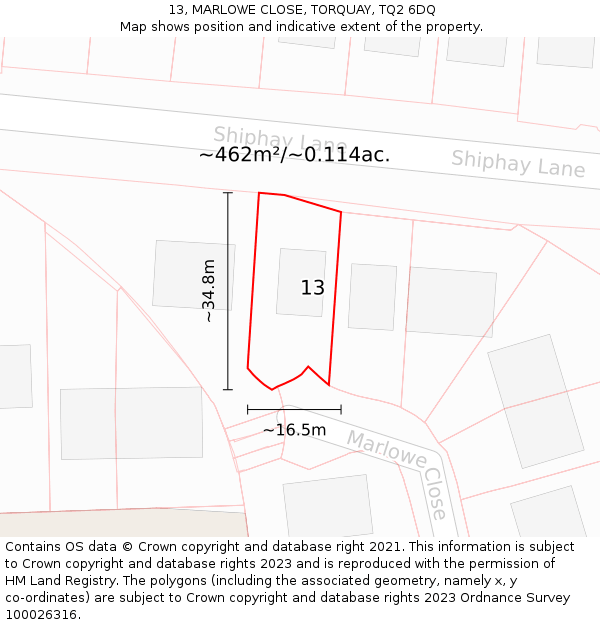 13, MARLOWE CLOSE, TORQUAY, TQ2 6DQ: Plot and title map