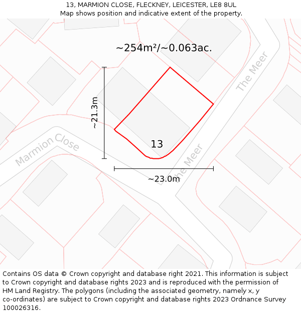 13, MARMION CLOSE, FLECKNEY, LEICESTER, LE8 8UL: Plot and title map