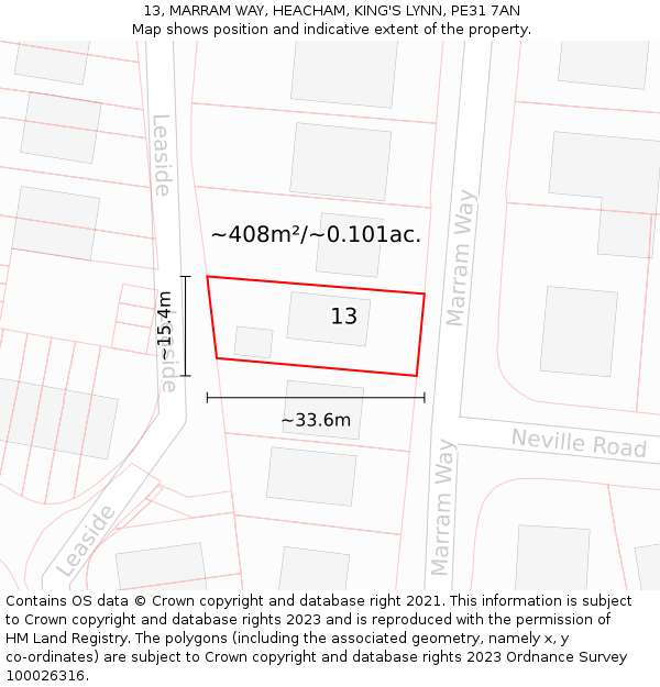 13, MARRAM WAY, HEACHAM, KING'S LYNN, PE31 7AN: Plot and title map