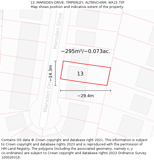 13, MARSDEN DRIVE, TIMPERLEY, ALTRINCHAM, WA15 7XF: Plot and title map