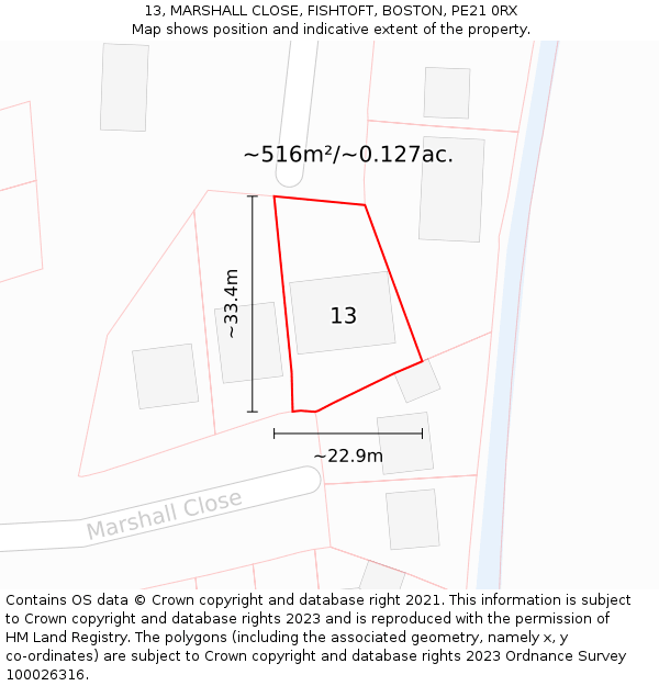 13, MARSHALL CLOSE, FISHTOFT, BOSTON, PE21 0RX: Plot and title map