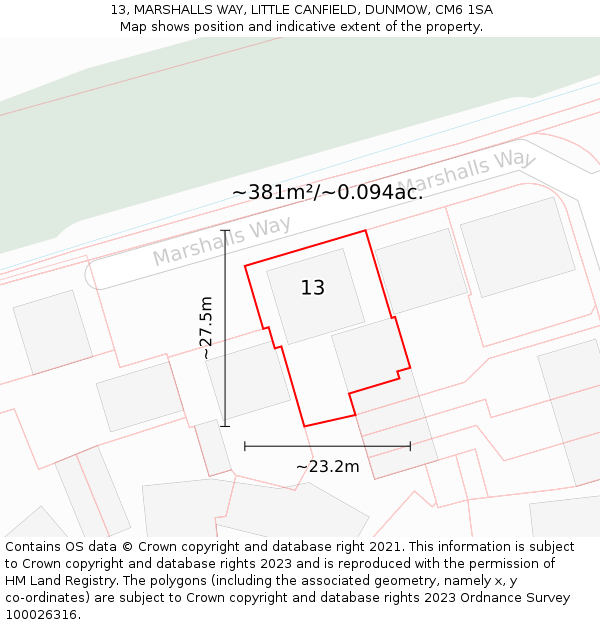 13, MARSHALLS WAY, LITTLE CANFIELD, DUNMOW, CM6 1SA: Plot and title map