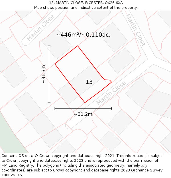 13, MARTIN CLOSE, BICESTER, OX26 6XA: Plot and title map