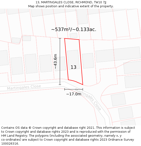 13, MARTINGALES CLOSE, RICHMOND, TW10 7JJ: Plot and title map