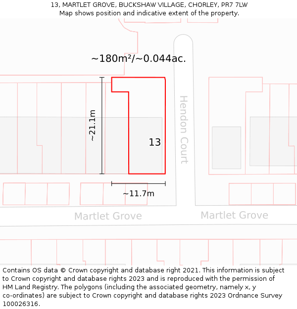 13, MARTLET GROVE, BUCKSHAW VILLAGE, CHORLEY, PR7 7LW: Plot and title map
