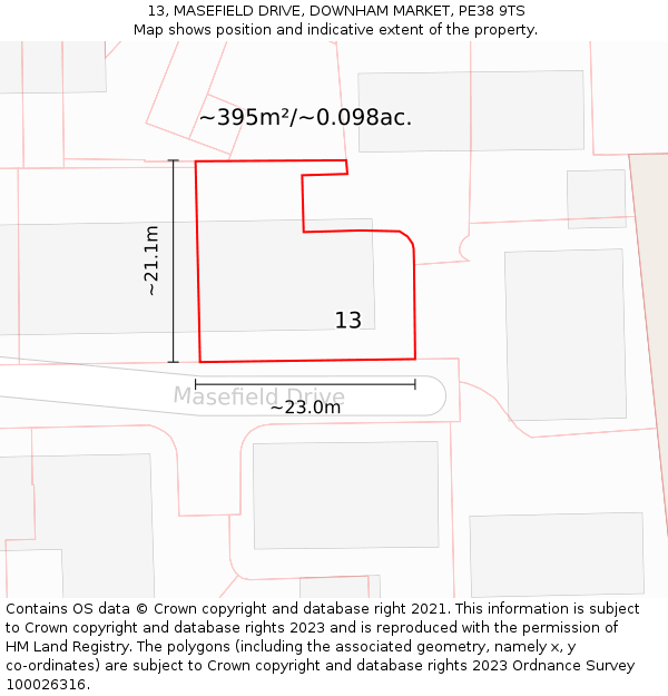 13, MASEFIELD DRIVE, DOWNHAM MARKET, PE38 9TS: Plot and title map
