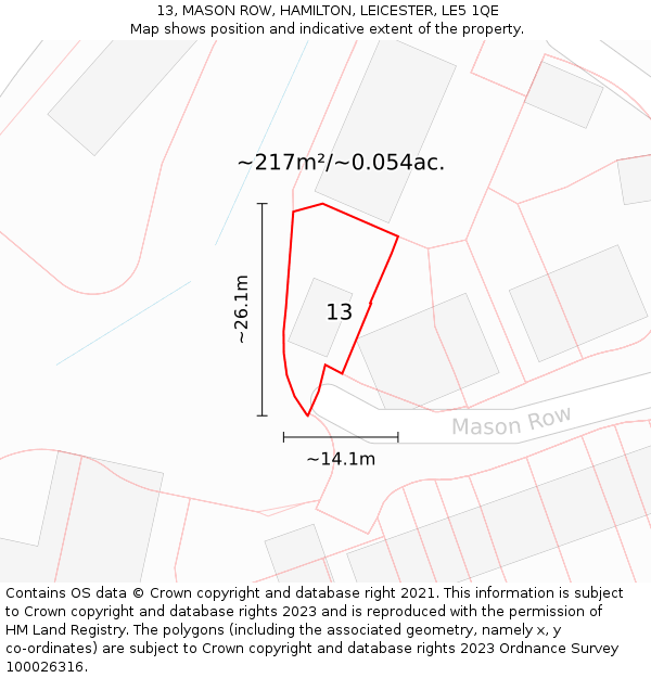 13, MASON ROW, HAMILTON, LEICESTER, LE5 1QE: Plot and title map