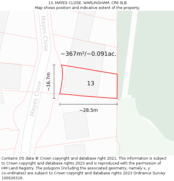 13, MAYES CLOSE, WARLINGHAM, CR6 9LB: Plot and title map