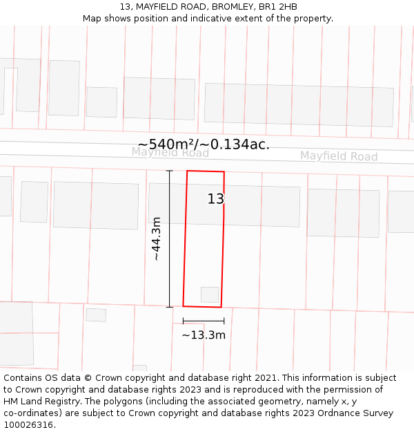 13, MAYFIELD ROAD, BROMLEY, BR1 2HB: Plot and title map
