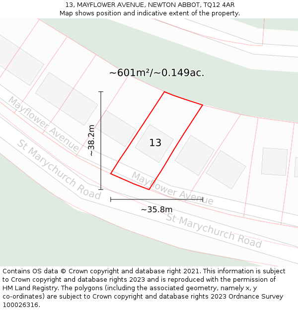 13, MAYFLOWER AVENUE, NEWTON ABBOT, TQ12 4AR: Plot and title map
