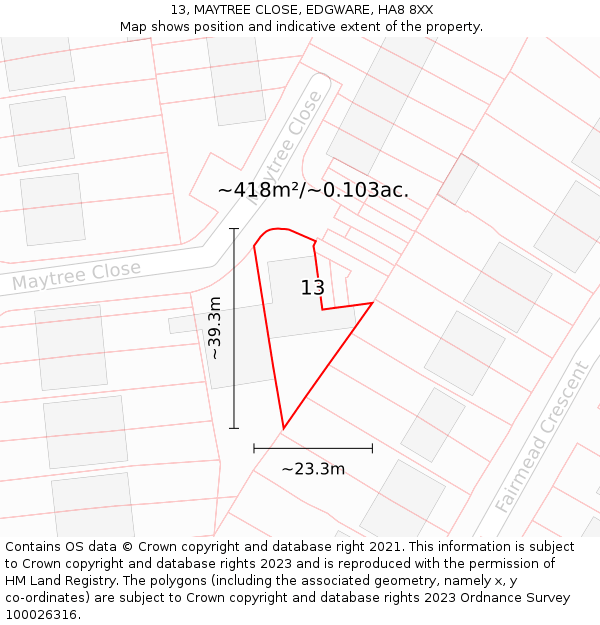 13, MAYTREE CLOSE, EDGWARE, HA8 8XX: Plot and title map
