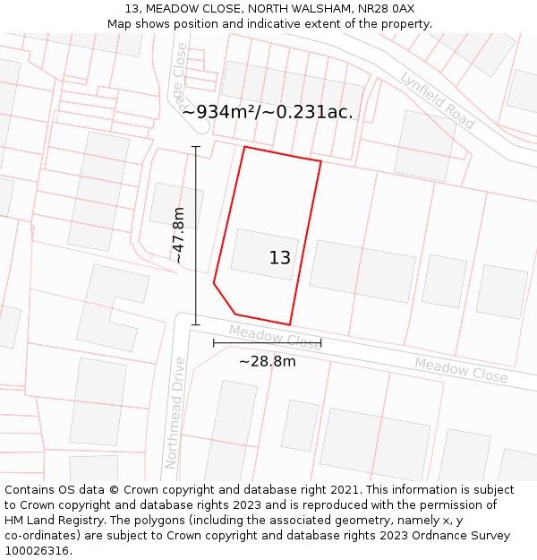 13, MEADOW CLOSE, NORTH WALSHAM, NR28 0AX: Plot and title map