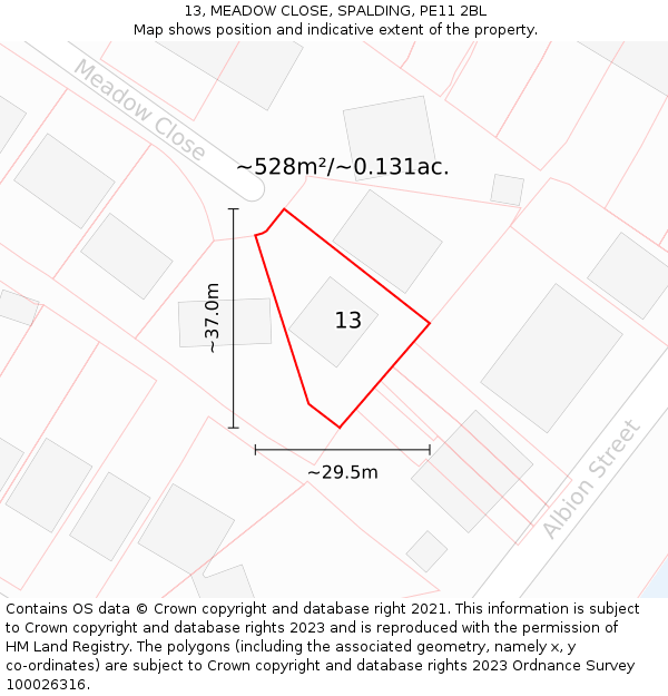 13, MEADOW CLOSE, SPALDING, PE11 2BL: Plot and title map