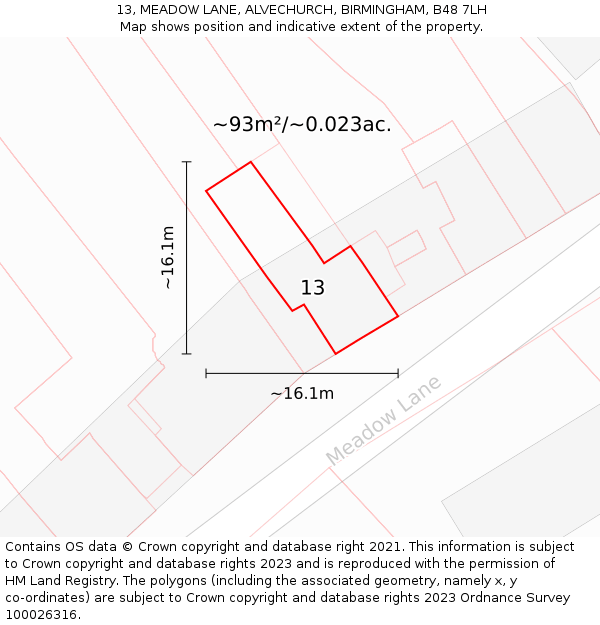 13, MEADOW LANE, ALVECHURCH, BIRMINGHAM, B48 7LH: Plot and title map