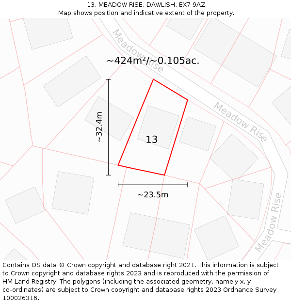 13, MEADOW RISE, DAWLISH, EX7 9AZ: Plot and title map