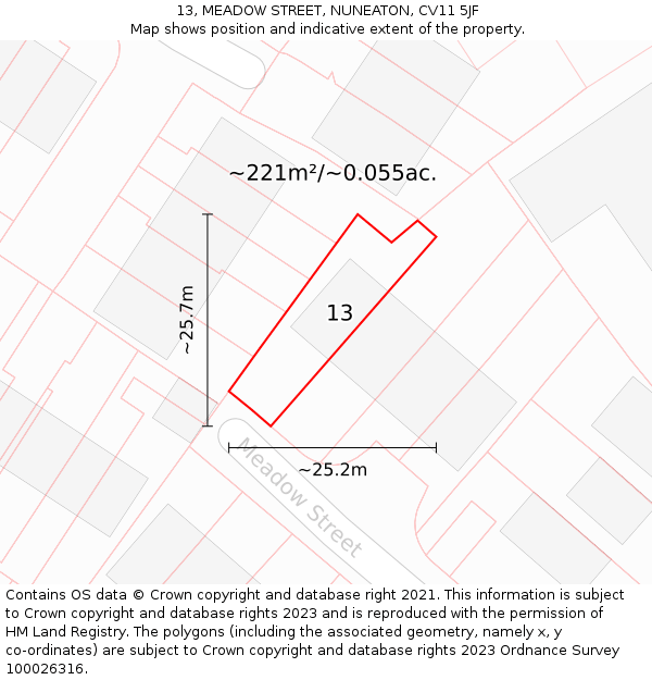 13, MEADOW STREET, NUNEATON, CV11 5JF: Plot and title map