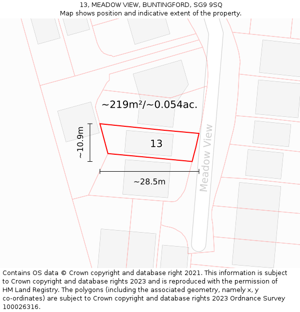13, MEADOW VIEW, BUNTINGFORD, SG9 9SQ: Plot and title map
