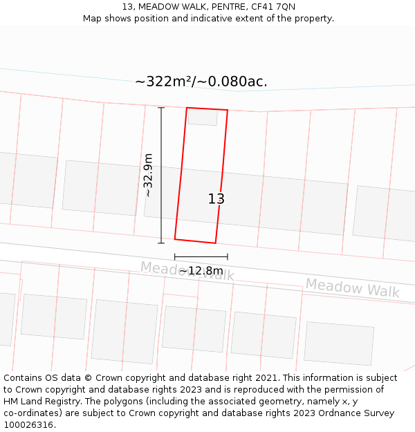 13, MEADOW WALK, PENTRE, CF41 7QN: Plot and title map