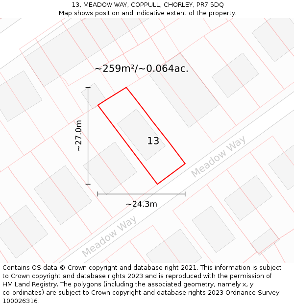 13, MEADOW WAY, COPPULL, CHORLEY, PR7 5DQ: Plot and title map
