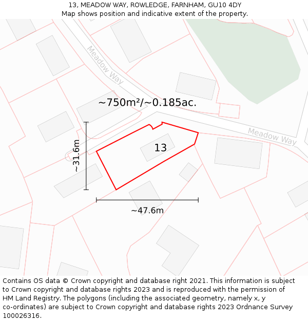 13, MEADOW WAY, ROWLEDGE, FARNHAM, GU10 4DY: Plot and title map