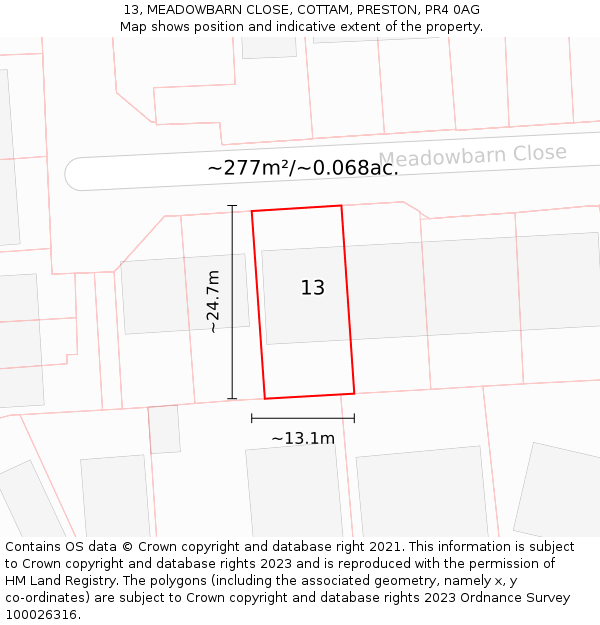 13, MEADOWBARN CLOSE, COTTAM, PRESTON, PR4 0AG: Plot and title map