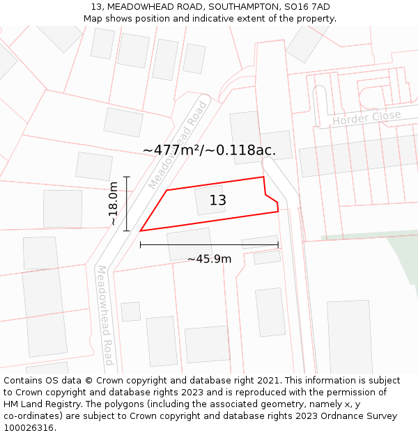 13, MEADOWHEAD ROAD, SOUTHAMPTON, SO16 7AD: Plot and title map