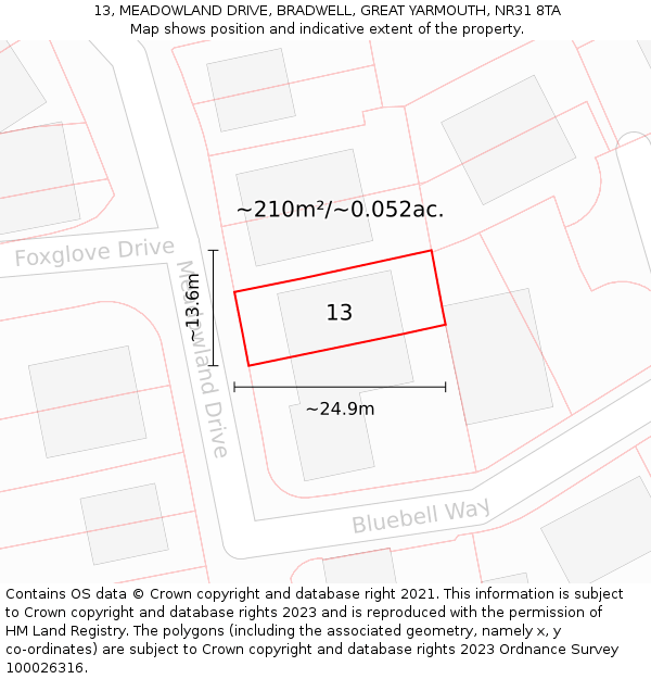 13, MEADOWLAND DRIVE, BRADWELL, GREAT YARMOUTH, NR31 8TA: Plot and title map