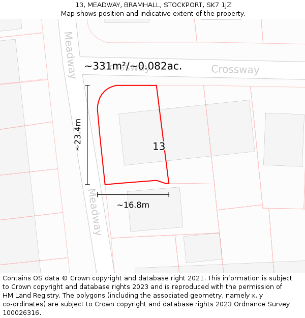 13, MEADWAY, BRAMHALL, STOCKPORT, SK7 1JZ: Plot and title map