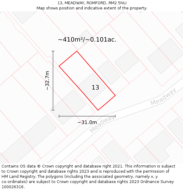 13, MEADWAY, ROMFORD, RM2 5NU: Plot and title map